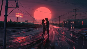 Romantic Couple Silhouette Under Giant Red Moon on Rainy Neon Street HD wallpaper