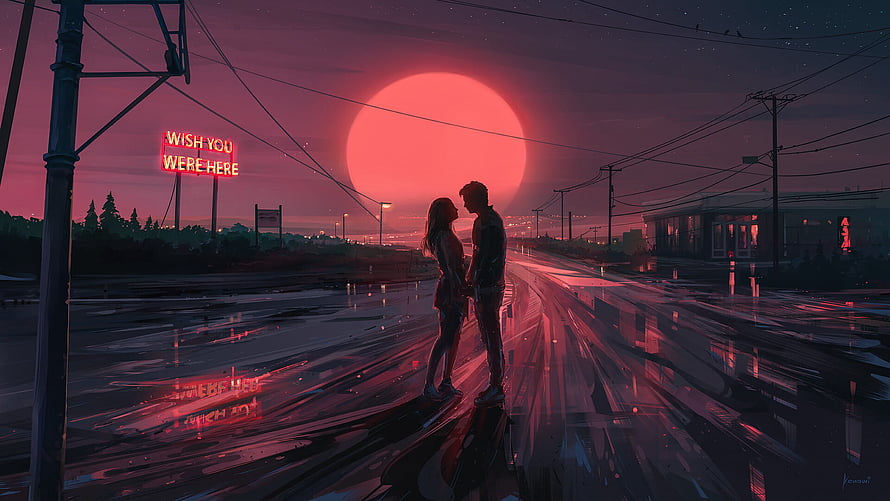 Romantic Couple Silhouette Under Giant Red Moon on Rainy Neon Street HD wallpaper