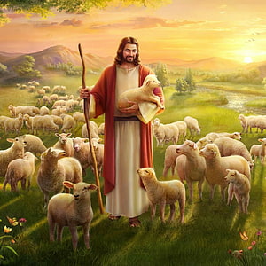 Jesus Christ as the Good Shepherd holding a lamb in a green pasture at sunset HD phone wallpaper