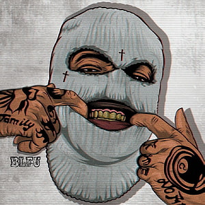Tattooed Hands Pulling Back White Mask to Reveal Gold Grillz and Cross Tattoos HD phone wallpaper
