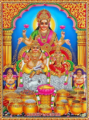 Kuber and Lakshmi Hindu Deities Wallpaper with Pots of Gold and Wealth HD phone wallpaper
