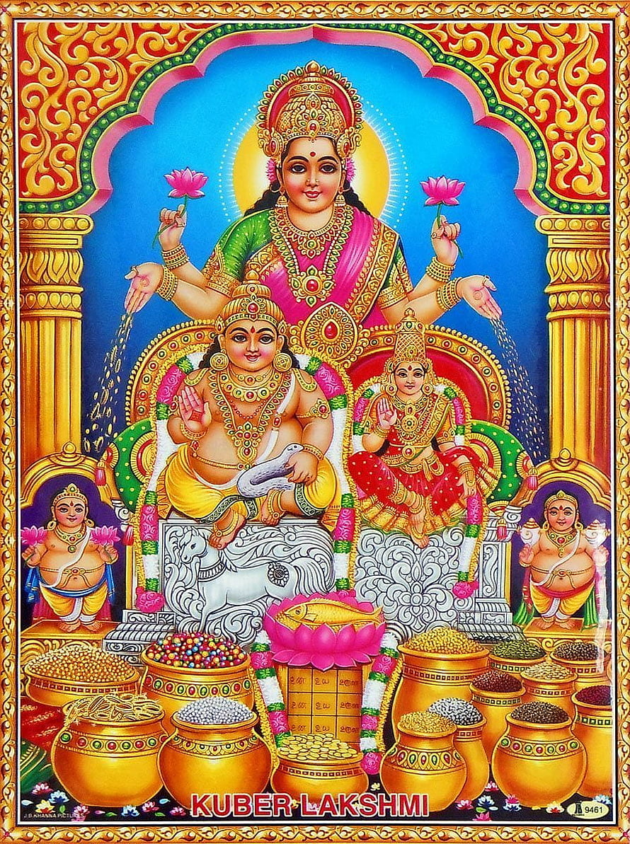 Kuber and Lakshmi Hindu Deities Wallpaper with Pots of Gold and Wealth HD phone wallpaper
