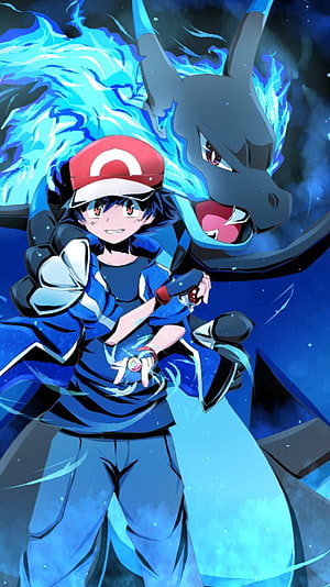 Ash Ketchum and Charizard anime illustration with blue energy aura and dark background HD phone wallpaper