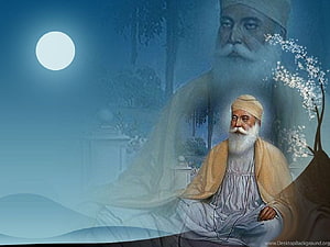 Guru Nanak Dev Ji Portrait with Full Moon and Cherry Blossoms in Serene Blue Landscape HD wallpaper