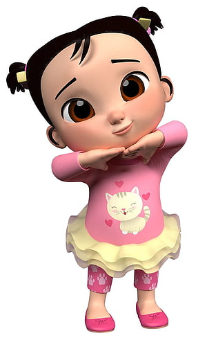 Cute 3D animated girl character with pigtails wearing pink cat dress and yellow tutu skirt HD phone wallpaper