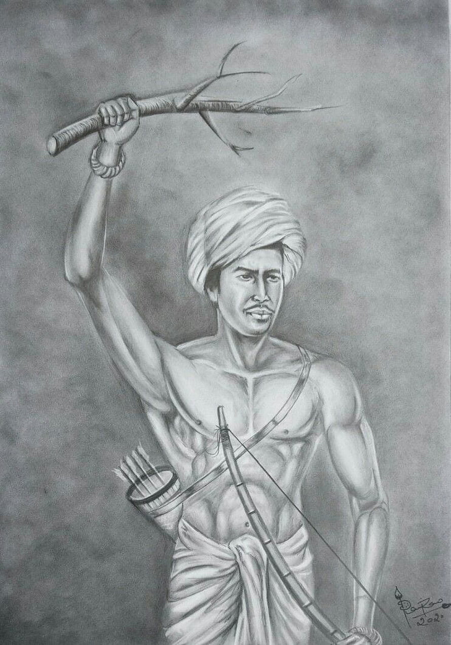 Pencil Portrait of Birsa Munda Holding a Bow and Arrow in Traditional Attire HD phone wallpaper