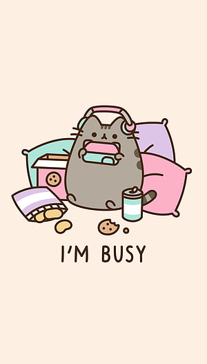 Pusheen Cat Eating Snacks and Watching TV with Headphones HD phone wallpaper