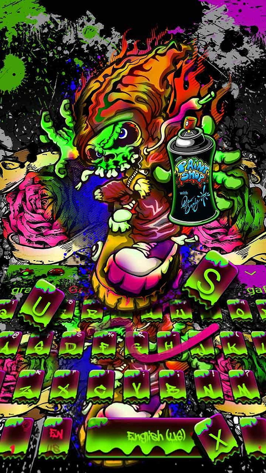 Neon Graffiti Skull Keyboard Theme with Spray Paint and Roses HD phone wallpaper