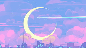 Kawaii Aesthetic Crescent Moon Over Pastel City Skyline with Soft Pink Clouds HD wallpaper