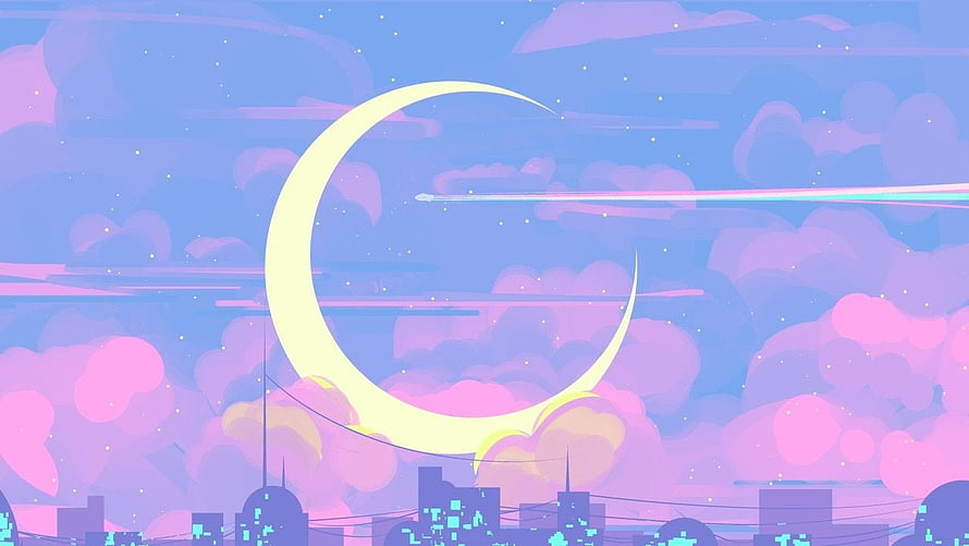 Kawaii Aesthetic Crescent Moon Over Pastel City Skyline with Soft Pink Clouds HD wallpaper