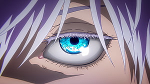 Close-up of a glowing blue anime eye with white hair and stitched skin HD wallpaper