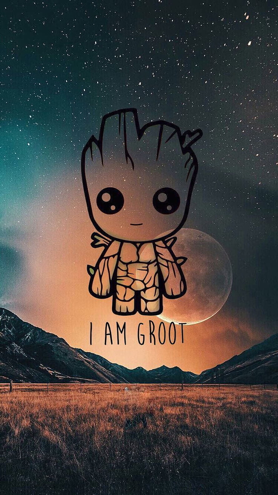 Cute Baby Groot Illustration Over Starry Night Sky and Mountain Landscape HD phone wallpaper