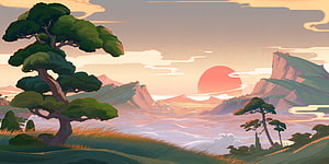 Serene Anime Landscape With Giant Pine Tree And Sunset Over Misty Mountains HD wallpaper