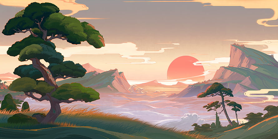 Serene Anime Landscape With Giant Pine Tree And Sunset Over Misty Mountains HD wallpaper