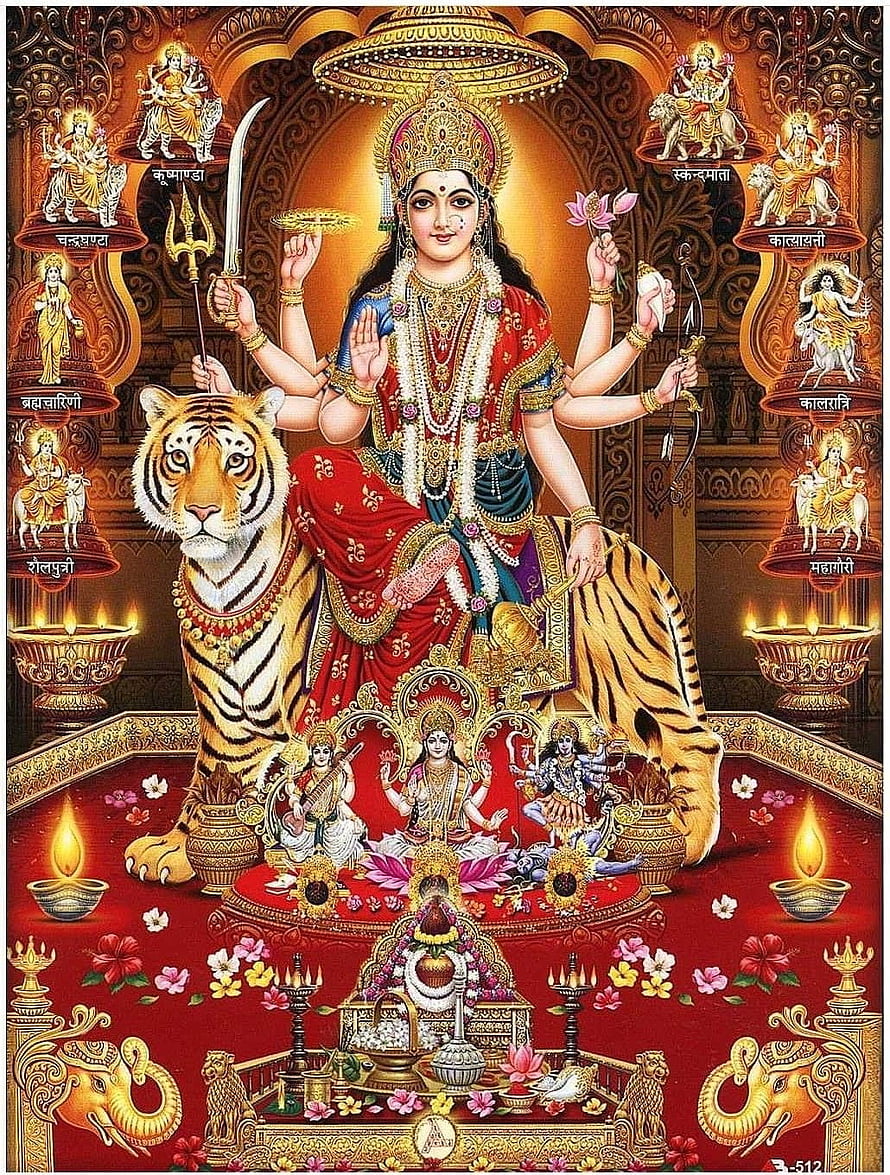 Goddess Durga Sitting on Tiger with Weapons and Divine Symbols HD phone wallpaper