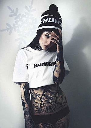 Tattooed Woman in White T-Shirt and Black Beanie with Extensive Body Art, Tattoo Group, tattoo girl HD phone wallpaper