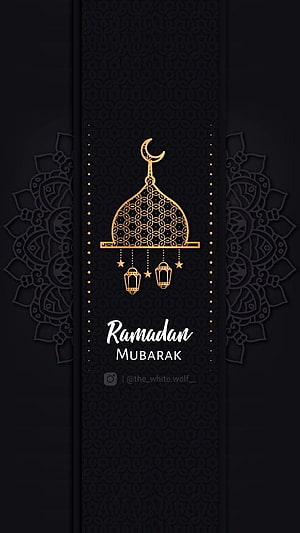 Elegant Ramadan Mubarak Greeting with Golden Lanterns and Crescent Moon on Dark Background HD phone wallpaper