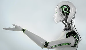 Futuristic White Android Robot with Green Mechanical Details and Outstretched Hand HD wallpaper