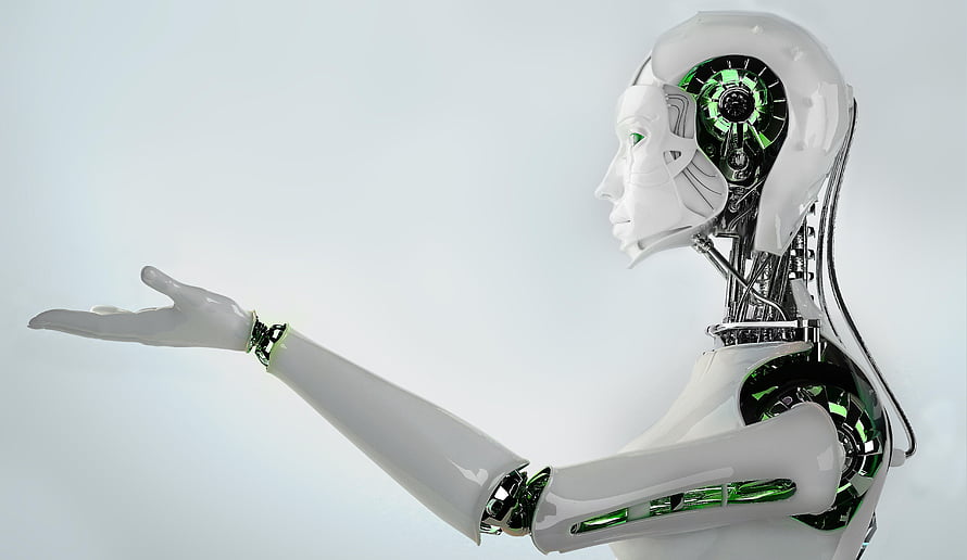 Futuristic White Android Robot with Green Mechanical Details and Outstretched Hand HD wallpaper