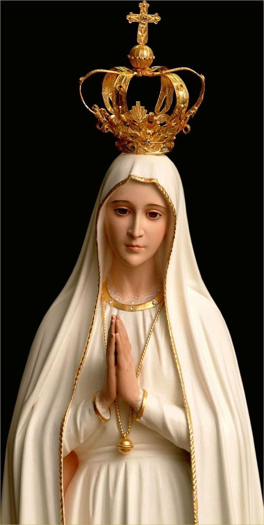 Statue of Our Lady of Fatima with Golden Crown and Rosary on Black Background HD phone wallpaper