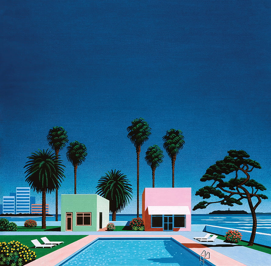 Retro Modernist Poolside Scene with Palm Trees and Ocean View HD wallpaper