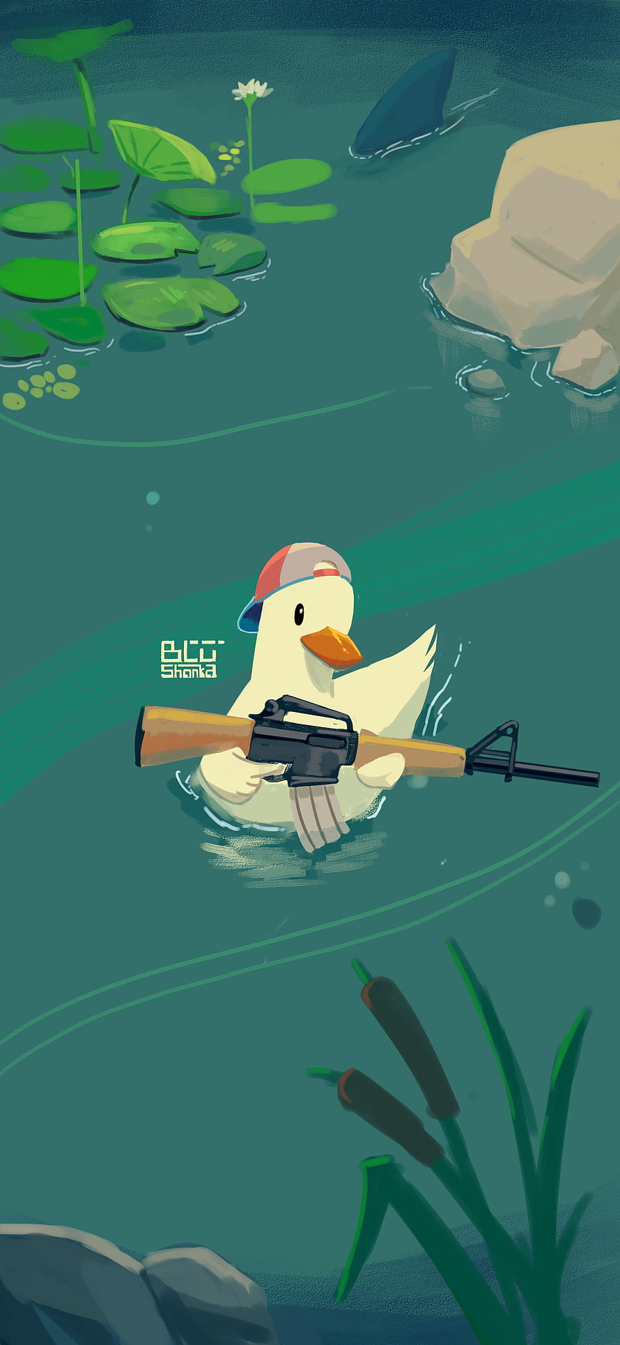 Cute Duck With Rifle And Cap Swimming In Pond With Shark Fin HD phone wallpaper
