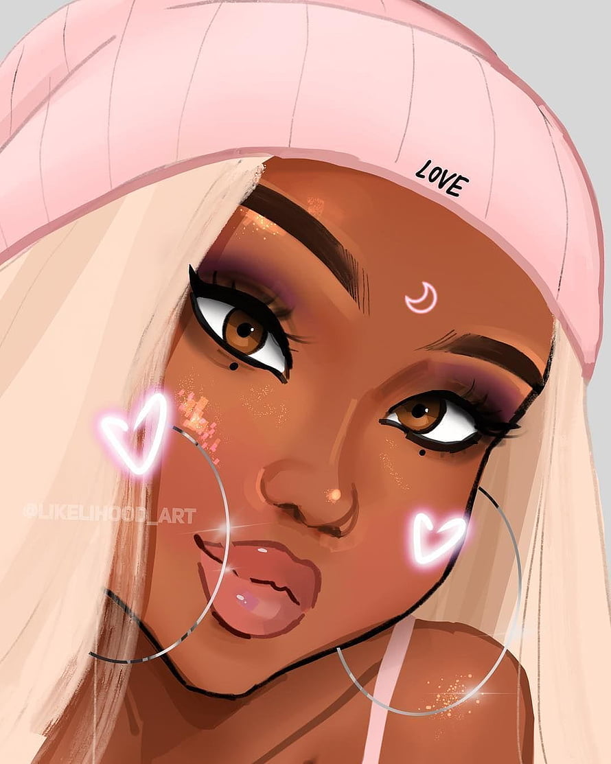 Digital Art Portrait of a Woman with Pink Beanie and Glowing Heart Earrings, Girl Cartoon Characters Instagram, baddie black girls HD phone wallpaper