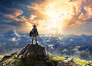 Link stands on a rocky peak overlooking Hyrule Castle at sunset in The Legend of Zelda: Breath of the Wild HD wallpaper