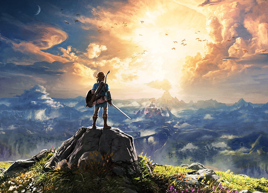 Link stands on a rocky peak overlooking Hyrule Castle at sunset in The Legend of Zelda: Breath of the Wild HD wallpaper