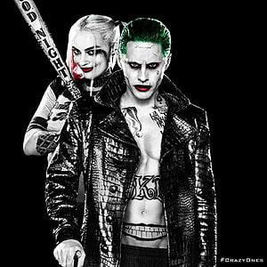 Joker and Harley Quinn in dramatic black and white portrait with selective green and red color accents HD phone wallpaper