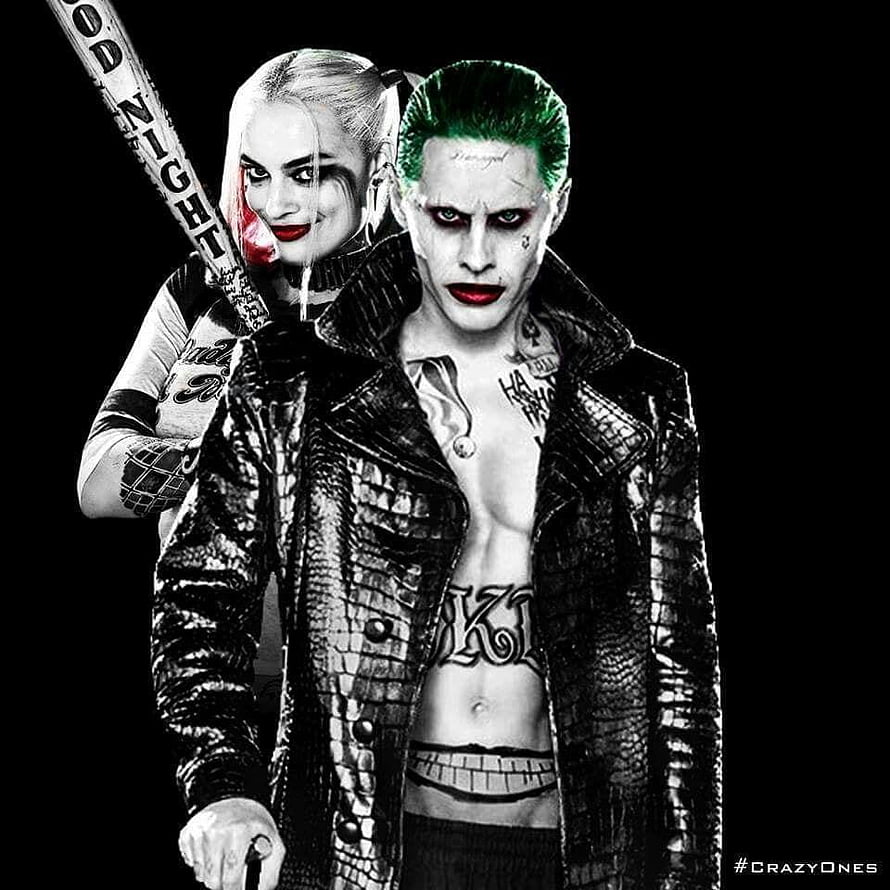 Joker and Harley Quinn in dramatic black and white portrait with selective green and red color accents HD phone wallpaper