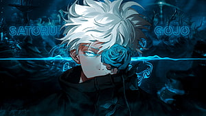 Satoru Gojo from Jujutsu Kaisen with blue rose and glowing eyes in dark anime art HD wallpaper