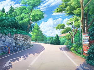 Sunny Japanese Countryside Road with Stone Wall and Lush Green Trees HD wallpaper