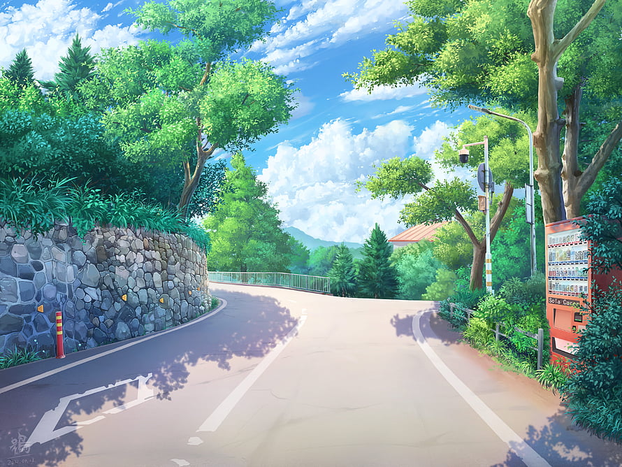 Sunny Japanese Countryside Road with Stone Wall and Lush Green Trees HD wallpaper