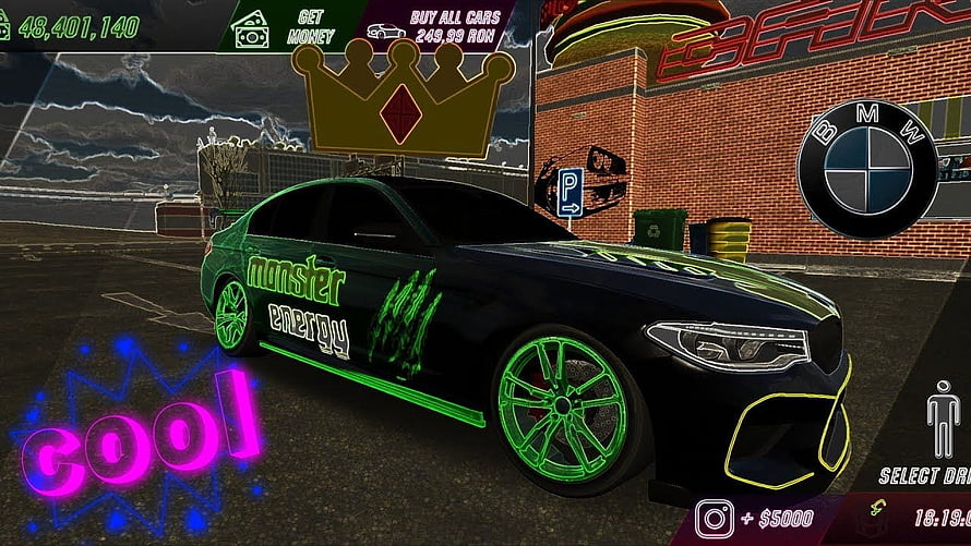 Car Parking Multiplayer Custom BMW M4 with Monster Energy Livery and Neon Green Rims HD wallpaper