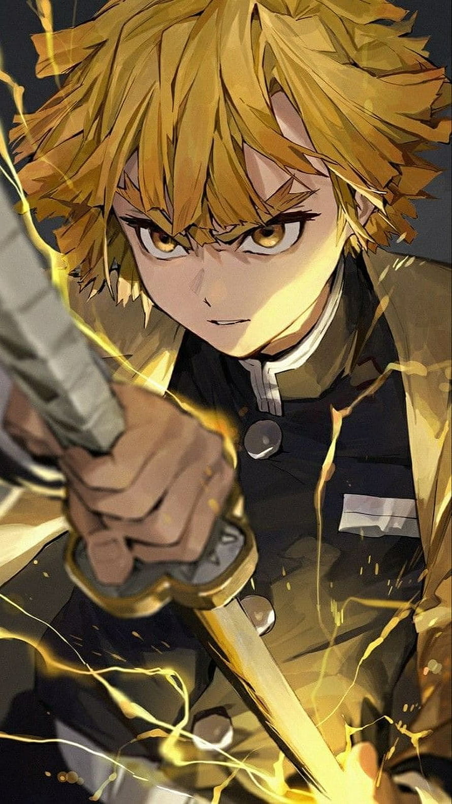 Zenitsu Agatsuma wielding Thunder Breathing sword with lightning effects in Demon Slayer anime style HD phone wallpaper