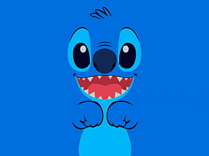 Stitch from Lilo and Stitch with a wide joyful grin and raised paws on a solid blue background HD wallpaper