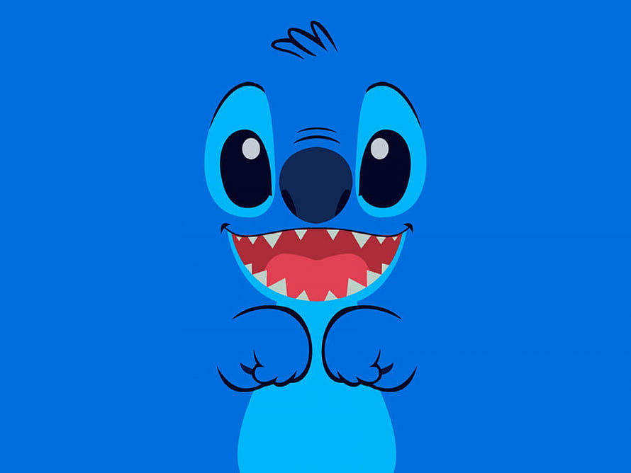 Stitch from Lilo and Stitch with a wide joyful grin and raised paws on a solid blue background HD wallpaper