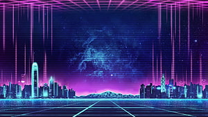Neon Cyberpunk Cityscape with Synthwave Grid and Starry Night Sky HD wallpaper