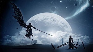 Dark Fantasy Angel Warrior Battle Scene With Giant Moon And Swords HD wallpaper