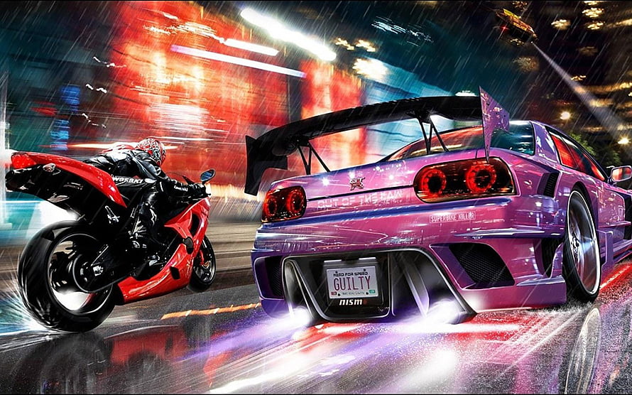 Neon Purple Supercar and Red Motorcycle Racing Through Rainy Night City HD wallpaper