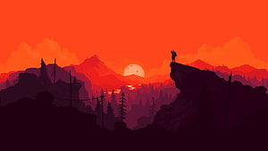 Minimalist Hiker Silhouette on Cliff at Red Sunset with Pine Forest and Mountains HD wallpaper