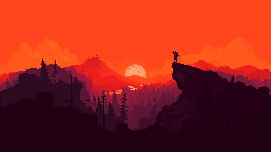 Minimalist Hiker Silhouette on Cliff at Red Sunset with Pine Forest and Mountains HD wallpaper