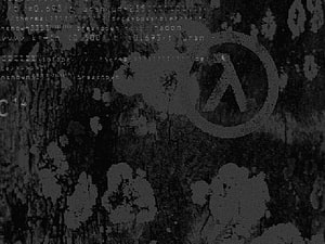 Half-Life Lambda Logo on Grungy Textured Background with Digital Glitch Effects HD wallpaper
