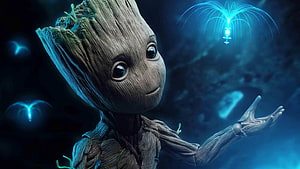 Baby Groot Reaching for Glowing Blue Lights in Dark Cosmic Setting HD wallpaper