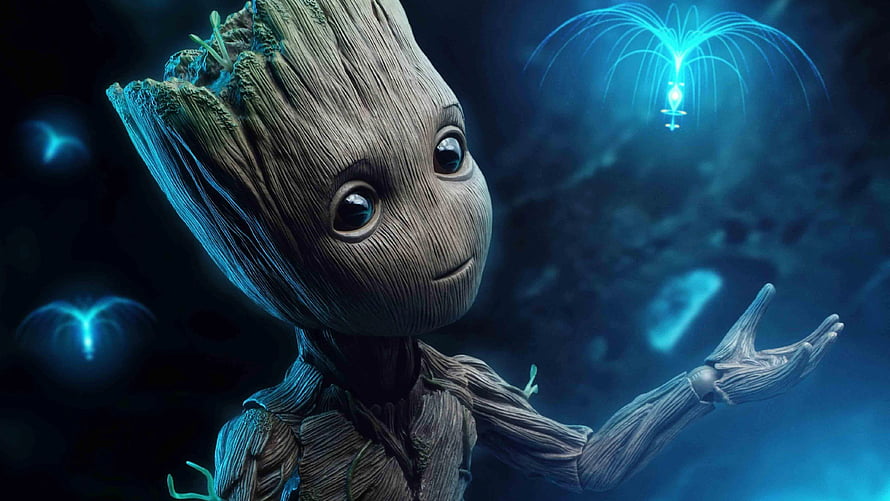 Baby Groot Reaching for Glowing Blue Lights in Dark Cosmic Setting HD wallpaper
