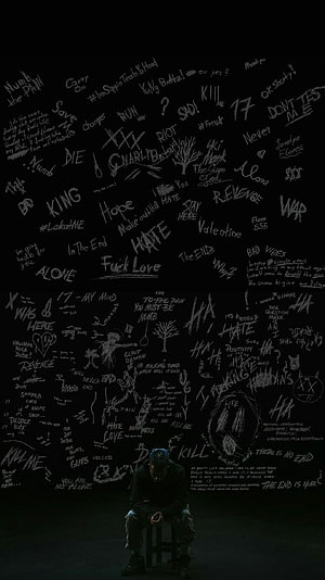 XXXTentacion Sitting Alone in Dark Room Surrounded by Handwritten Lyrics and Doodles HD phone wallpaper