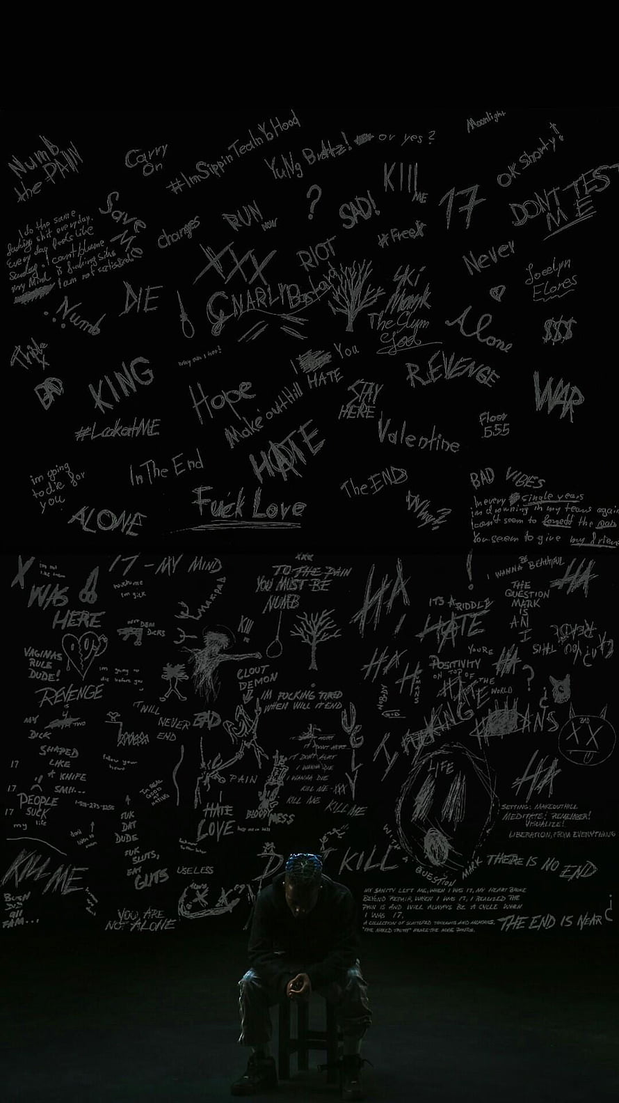XXXTentacion Sitting Alone in Dark Room Surrounded by Handwritten Lyrics and Doodles HD phone wallpaper
