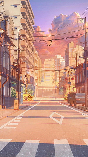 Sunset Japanese City Street Anime Style Wallpaper HD phone wallpaper