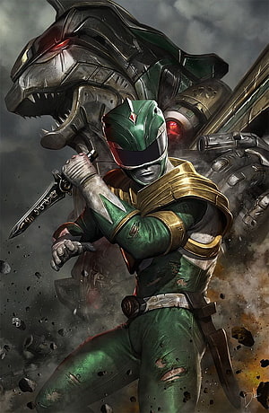 Green Power Ranger Tommy Oliver with Dragon Zord in Dark Battle Scene HD phone wallpaper